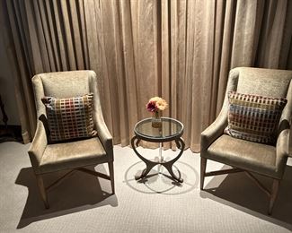 Comfy arm chairs and a great accent table.