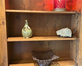 Vintage cranberry glass lamp, tonala quail, and metal basket.