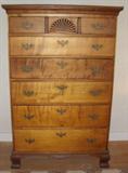A NICE EARLY CHIPPENDALE TALL CHEST, BRACKET FEET WITH DOVE TAIL
JOINTS AND BEVELED UNDER BOARDS.