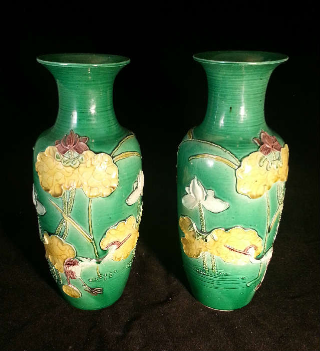 APPLE GREEN REPOSE CHINESE VASES: APPROXIMATELY EACH 10 INCHES TALL