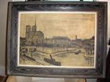 LITHOGRAPH , BERNARD BUFFET 1928-1999, NOTRE DAME WITH VIEW OF SEINE, 34" X 25" . DISTRESSED WOOD FRAME.