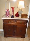 MARBLE TOP STAND AND ART GLASS.