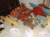 EARLY TOYS, MILK CART, RACING CAR, CANNON, CAST AND PRESSED STEEL TRUCK & CAR.