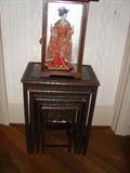 CARVED CHINESE NESTING TABLES, JAPANESE GEISHA DOLL.