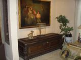 18TH CENTURY ITALIAN CASSONE,
A LARGE OIL ON CANVAS, A ANTIQUE ,ANTIQUE CRECHE DOLL.