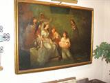 LARGE NEOCLASSICAL OIL ON CANVAS IN DISTRESSED GILT FRAME, 41" X 58" SIGNED "GOLLAGIO"