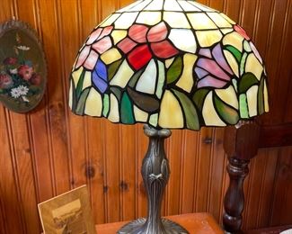 True vintage copper foiled stained glass lamp featuring multi-colored flowers and yellow background, pre-1950