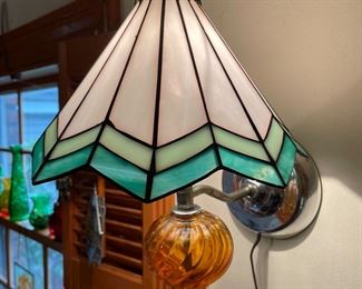 True vintage copper foiled stained glass lamp married with vintage amber glass wall sconce base