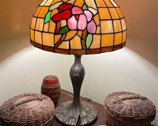 True vintage copper-foiled stained glass lamp, red and pink pansy flowers with gold background, pre-1950 