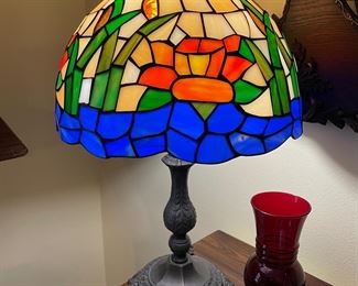 True vintage copper-foiled stained glass lamp, water lilies in a pond, pre-1950 