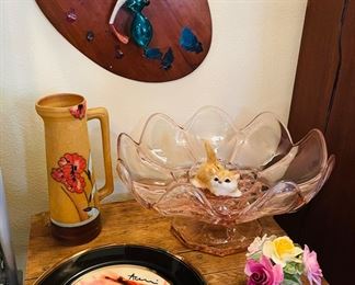 Antique wooden painter's palette, vintage hand painted pottery, McKee glass large pink compote bowl Colonial line pattern, vintage porcelain flower figurine decor