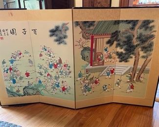 Vintage 4 panel Japanese screen with kids practicing martial arts. Hard to find item. 