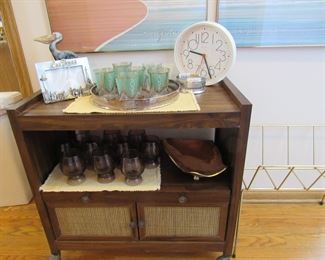Mid Century drinkware and rolling cart