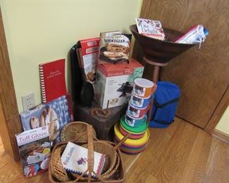 Mid Century freestanding salad bowl, Krumkake iron, Scandinavian cookbooks