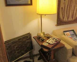 Mid Century tray table floor lamp with magazine rack, and glass pig shaped jar