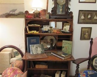 Small antique secretary desk, antique clock