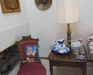 Antique chair, Drexel end tables, large brass lamps, and antique Flow Blue Clayton Johnson Brothers England