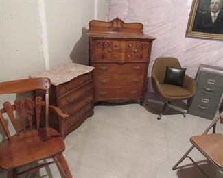 Antique and mid century furniture: including rocking chair, dresser, swivel chair and desk