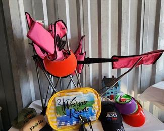 Pink Outdoor Chair Picnic Set Hats  Cast Iron Frog Bell  Bird House Etc.