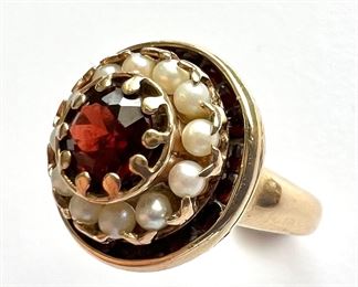 #124 • Antique 14K Yellow Gold Tiered Ring w/ Red Stones and Pearls - Size 6.25
