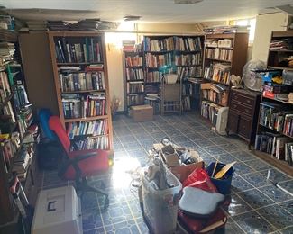 Basement packed with books.