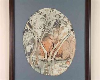 003 Lee Long Looi Oval Landscape Painting On Rice Paper, Vintage Original