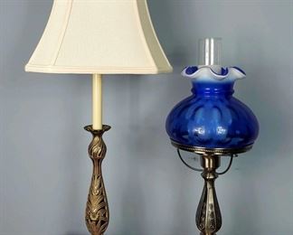 Fenton Cobalt Thumbprint Glass Shade Lamp with Floral Pattern Metal Lamp