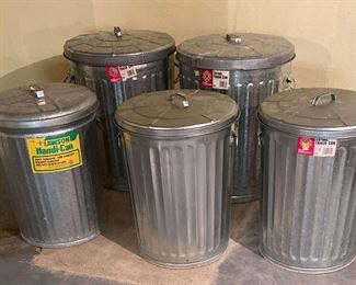 Four Dover Parkersburg And One Lawson Aluminum Trash Cans