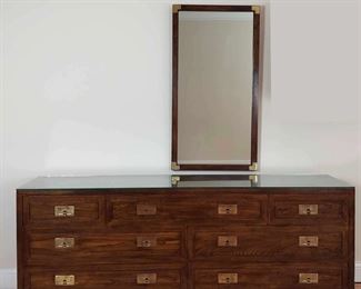 Henredon Campaign Style Chest Of Drawers with Mirror