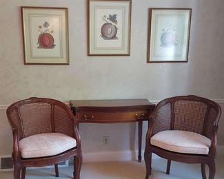 Manorwood Cane Chairs with Heppelwhite Style Table and George Brookshaw Prints
