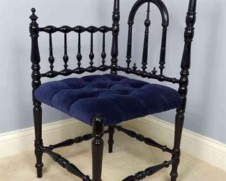 Ornate French Napoleon III Style Ebonized Fireside Spindle Corner Chair