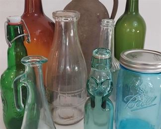 Vintage and Contemporary Stoneware Jug and Glass Bottles