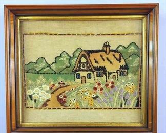 Vintage Needlepoint Cottage on a Flower Lined Path