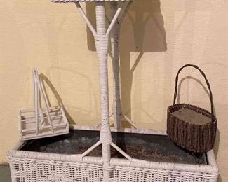 Vintage Wicker Pedestal Planter And Baskets