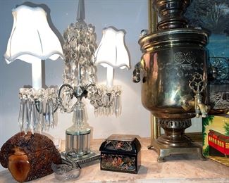 Antique Russian Samovar and 1940's crystal lamps