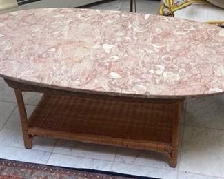 Marble Table Top with Wicker Base