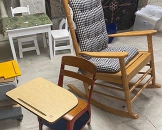 Child's School Desk and Wood Rocking Chair