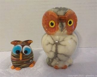 A Hand Carved Alabaster Owl From Italy and a Small Glass Murano Type Owl
