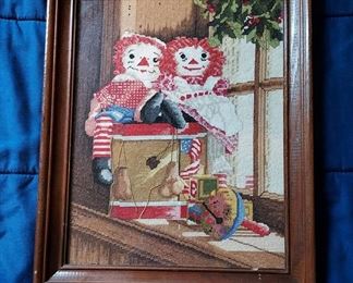 Beautiful Raggedy Ann and Andy Framed Cross Stitch Picture