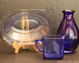 Cobalt Blue Glass Vase Vintage Chevron Cobalt Blue Glass Creamer and Blue Glass Dish