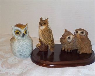 Stone Ceramic Hand Carved Wood and Resin Owls