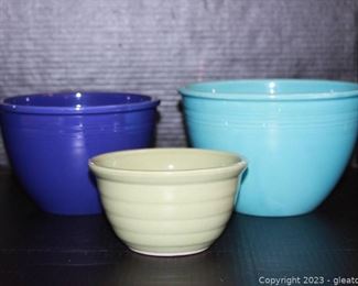Two Vintage Blue Fiesta Large Bowls and Small Green Bowl