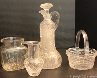 Vintage Cut Glass Decanter Clear Glass Pitcher Clear Glass Woven Basket and Vase