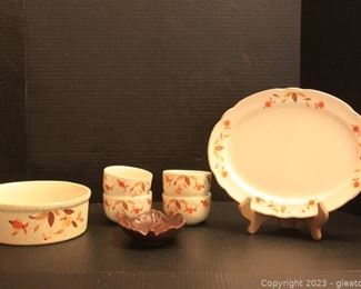 Vintage Superior Hall Autumn Leaf Platter Bowl 4 Custard Cups and Brown Leaf Dish