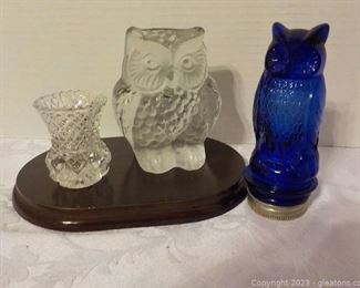 Vintage Viking Glass Owl Vintage Cobalt Blue Owl Bottle and Crystal Toothpick Holder
