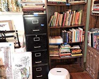 File cabinet, shelves, Books