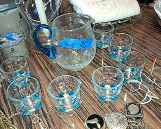 Crackle glass pitcher and glasses in blue, 1940s