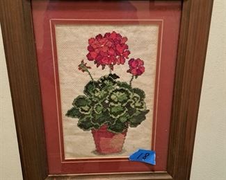 Framed Needlepoint, geraniums