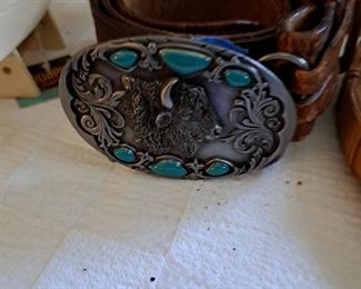 Tooled leather belt with  turquoise surrounding Buffalo head on pewter buckle