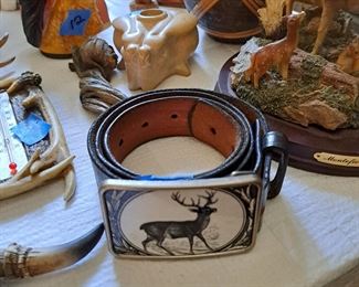 Tooled leather belt with elaborate deer buckle